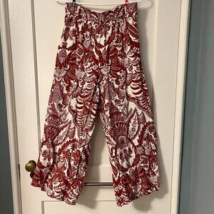 By Anthropologie 100% linen printed pull on wide leg cropped pants size small